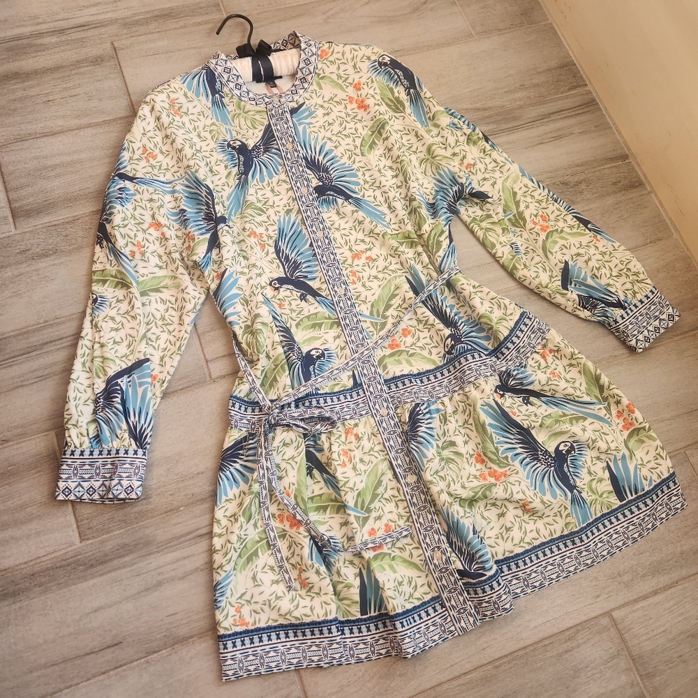 Alex Marie Mini Dress 18 Green Tropical Perrot Print Wren White Lotus New $170 - Picture 3 of 12
